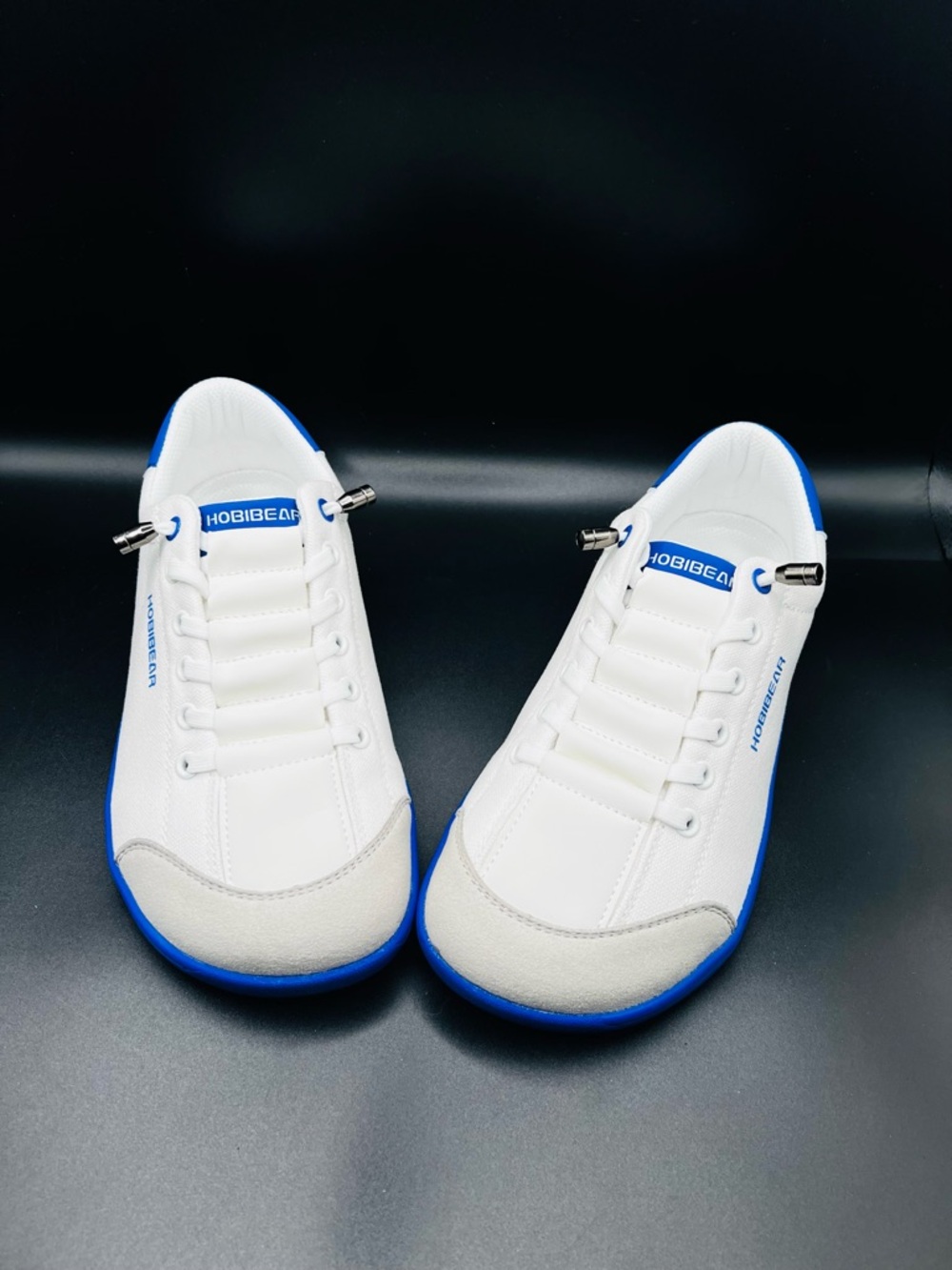 HOBIBEAR Women's White Athletic Sneakers with Blue Trim